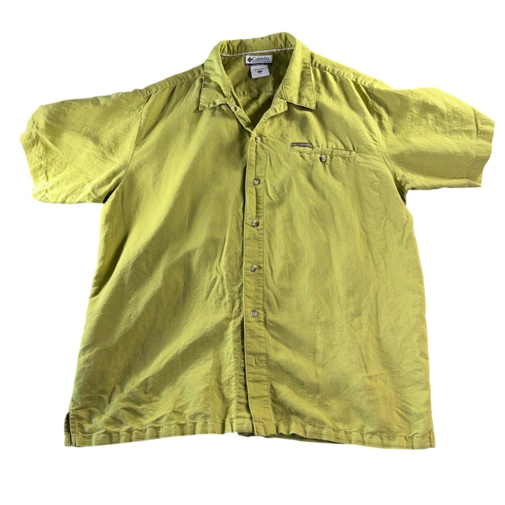 Columbia Mens XL Lime Green Ramie Cotton Short Sleeve Button Up Shirt AM7141